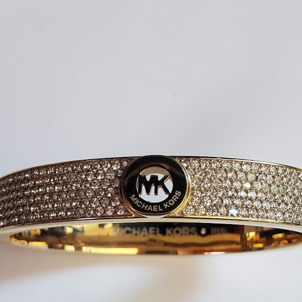 Michael Kors Gold Tone Pave Crystal Logo Hinge Bangle Bracelet Steel MK
